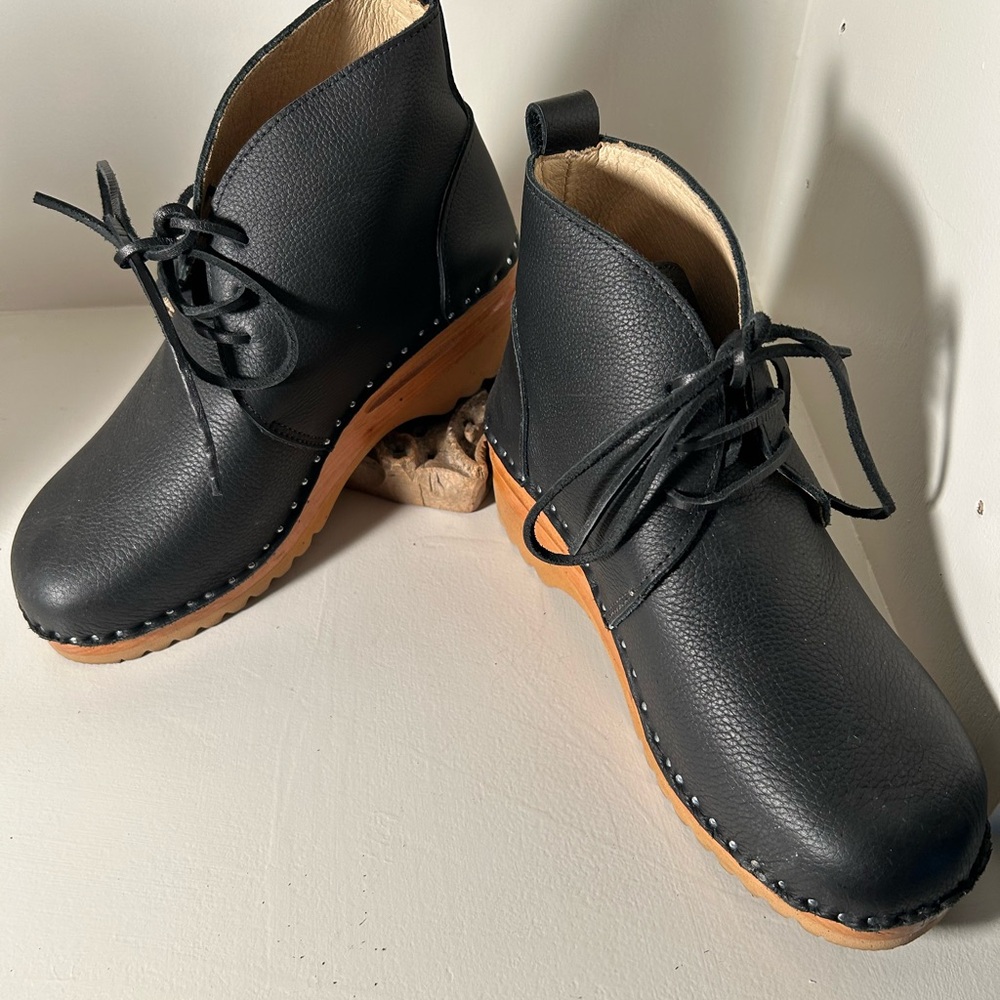 Troentorp Black Ankle Booties with Wooden Heel
